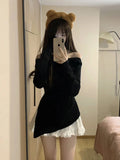 Autumn Winter Women Ballet Core Korean Suit JK Gyaru Coquette Outfits 2 Piece Set Slash Neck Knit Tops + Kpop Mini Lace Skirt