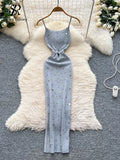 Sexy Knitting Split Long Dress Sleeveless Sequins Diamonds With Sashes Skinny Sundress 2025 Fashion Women Summer Dress