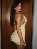 Halter Backless Sexy Mini Dress Women Summer New Solid Lace V Neck Sleeveless High Waist Ruched Split Club Dress