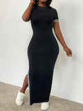 Pbong  Black Slim Fit Round-Neck Maxi Dress with White Stripe Trim and Side Slit