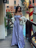Elegant Stain Off Shoulder Long Dresses Women Retro Solid Waist-cinching Large Hem Evening Dress Lady Chic Party Beach Holiday