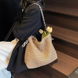 Pbong  Straw Woven Beach Bag for Women Fashion Large Capacity Travel Vacation Women's Shoulder Bag Summer New Casual Female Handbags