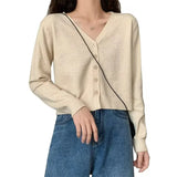 Women's Long Sleeve Cropped Cardigan V Neck Button Down Sweater Jacket Single Breasted Plain Fitted Knit Cardigan Basic Outfit