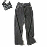 Pbong  Y2K Street Washed Asymmetric Belt Decoration Slant Pocket Wide-Leg Cotton Comfortable Versatile Work Jeans Cargo Trousers