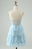 Pbong  Lace Tiered Chiffon Homecoming Dresses Strapless Corset Short Prom Dresses for Teens