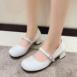 Women Shoes High Heels Mary Janes Shoes Patent Leather Thick Heel Pumps Buckle Round Toe Female Footwear White Red