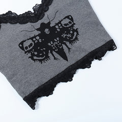 Goth Dark Emo Moth Graphic Gothic Aesthetic Camis Y2k Streetwear Lace Hem Grunge Style Crop Tops Women egirl Fashion Alt Clothes