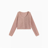 Pink Knitted Cardigan for Women Long Sleeve V-neck with Invisible Button Front Sweater Jacket Teen-girl Fall Winter Cute Outfit