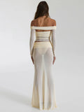 Fashion Skirt Two Piece Set For Women Off-shoulder Sheer Long Sleeve Crop Tops And Long Skirt Sexy Two Piece Sets