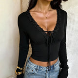 Pbong  V-neck Lace Patchwork Solid Color Skinny Long Sleeves T-shirts Women's Daily All Match Sexy Top Tees Fashion Basic New
