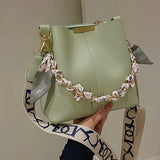 Pbong  Elegant Large Capacity Leather Bucket Bag with Chain Handle Scarf Detachable Wide Crossbody Bag Strap Fashion Shoulder Purse