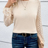 Pbong  T-shirt Autumn new solid color design sense lace stitching fashion personality long sleeve round neck casual
