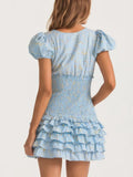 Pbong  GypsyLady Floral Printed Chic Boho Mini Dresss Cotton V-neck Ruffles Blue Holiday Women Tiered Ladies Party Dresses Vestidos New