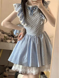 Pbong  Cute Sweet Blue Plaid Dress Women Elegant 3D Floral Flying Sleeve Mini Dress Japan Vintage Slim Kawaii Lace Patchwork Dress