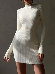 Knitted White Dress Women Elegant Fashion Turtleneck Bodycon Midi Dresses Female Autumn Winter Long Sleeve Slim Streetwear Dress