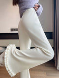 Ruffles Knitted Flare Pant Women High Waist Fashion Loose Fall Winter Trousers Korean Chic Elegant Lady Sweet Solid Pants