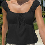 Women Fairy Grunge Babydoll Tops Y2k Lace Trim Short Sleeve T-shirt Korean Aesthetic Cute Square Neck Crop Top Milkmaid Blouses