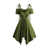 2025 Women's Cold Shoulder Dresses Lace Up Asymmetric Dress Tie Knot Shoulder Chain Solid Color Short Sleeve Dress