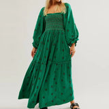 Pbong  Bohemian Floral Dress Women Square Neck Ruffle Swing A Line Maxi Dress Long Sleeve Beach Style Holiday Lady Club Party Dress
