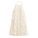Stacked Decorative Sleeveless Halter Neck Short Dress New Fashion Chic Beige Party Dress Backless Vacation Summer Dresses