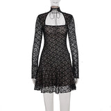 Pbong  Elegant Fashion Sexy Lace A-Line Dress See Through Dark Bandage Backless Square Collar Long Sleeve Mini Dresses For Women