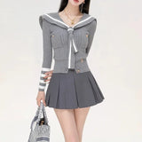 Preppy Style Knitted Cardigan Women Striped Sailor Collar Cute Long Sleeve Sweater Elegant Sweet Autumn Winter Cardigan