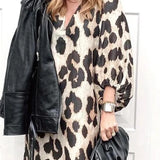 Pbong  Spring Summer New Long V-neck Loose Lantern Sleeve Leopard Print Straight Cut Dress Women's Midi Dress Comfortable Breathable...