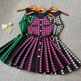 Pbong  Fashion Women Pleated Knitted Dress Summer Y2K Sleeveless Bird Lattice Short Dress Chic Lady Party Vestidos