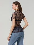 Women Lace Tops Short Sleeve Crew Neck See-through Sheer T-shirt Summer Casual Tee Shirts Clubwear