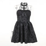 Goth Dark Gothic Emo Jacquard A-line Dresses Elegant Grunge Ruched Bandage Partywear Punk Black Women Halloween Club Dress