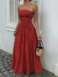 Pbong  Summer Polka Dot Strapless Sleeveless Long Dress Women Fashion Off Shoulder Slim Ruffles Dresses Elegant