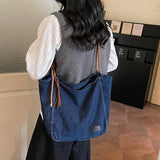 Pbong  Women's Vintage Washed Denim Tote Bag Braided Drawstring Casual Commuter Shoulder Bag Daily Large Capacity Handbag