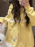 Women Cute Cartoon Hoodies Vintage Lace Patchwork Loose Sweet Sweatshirts Fall Preppy Style Japan Pockets Lady Kawaii Tops
