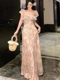 Women Sexy Slash Neck Holiday Flower Print Maxi Dresses Summer Ruffles Sleeve Slim Dress Elegant Backless Long Robe Vestidos New