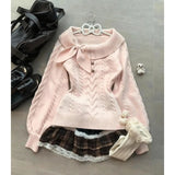 Sweet Kawaii Knitted Pullover Women Pink Japanese Style Vintage Sweaters Harajuku Gray Bow Cutecore Long Sleeve Jumpers
