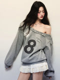Y2K Streetwear Gray Sweatshirts Women Off Shoulder Loose Letter Pullovers Harajuku Retro Female Casual American Tops New