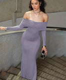 Neck Long Sleeve Solid Elegant Sexy Slim Bodycon Maxi Prom Dress 2023 Summer Women Y2K Wedding Party Goth Clothes