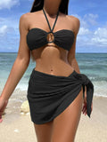 Solid Halter String 3 Piece Bikini String Skirt Swimsuit Women Swimwear Female Bather Bathing Swimming Swim Suit Beachwear