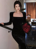 Elegant Solid Velvet Mermaid Dress for Women New Vintage Chic Square Collar Bodycon Evening Party Dresses Female Slim Vestidos