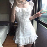 2000s Harajuku Vintage Lolita Dress Y2k Japan Style Kawaii Sweet Solid Flying Sleeve Short Party Dress One Piece Dress Korean