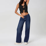 Women's Denim Pants Low Waist Wide Leg Trousers with Pockets Spring Summer Casual Loose Jeans