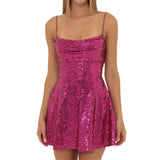 Pbong  Women Shiny Sequins Dress Summer Backless A-Line Mini Dress for Cocktail Party Beach Streetwear