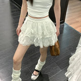 Coquette White Lace Short Skirt Ruffle Women Sweet Bow Kawaii Mini Skirts Patchwork Layered A-line Aesthetics Skirt