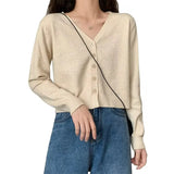 Women's Long Sleeve Cropped Cardigan V Neck Button Down Sweater Jacket Single Breasted Plain Fitted Knit Cardigan Basic Outfit