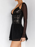 V-Neck Mesh Sequined Bling Backless Dress