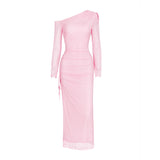 Autumn Long Sleeve Dress Women Pink Mesh Maxi Dress 2024 New Arrivals High Slit Bodycon Party Dresses Women