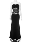 Lace See Through Strapless Sexy Maxi Dress Women Black Off-shoulder Backless Sleeveless Bodycon High Waist Long Dress
