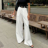 Pbong  New Autumn Elegant High Waist Straight Leg Trousers for Women Floor Length Commuter Suit Pants Polyester Fiber Loose White