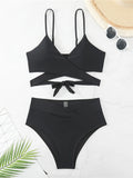 V Neck Cross String Two Piece High Waist Bikini Swimsuit Women Swimwear Female Bather Bathing Swimming Swim Suit Beachwear