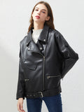 PU Faux Leather Jacket Women Loose Sashes Casual Biker Jackets Outwear Female Tops BF Style Black Leather Jacket Coat